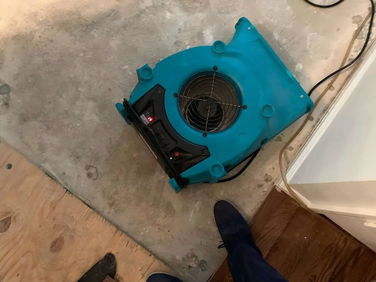 Air mover drying subfloor during Commercial Water Damage Restoration in Pevely